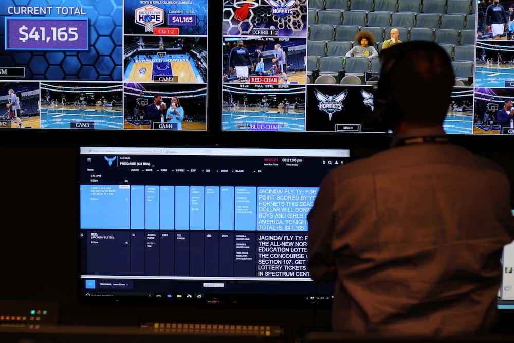 Charlotte Hornets production crew looking at game script on television monitor