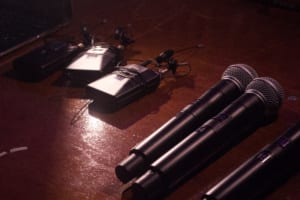 lav mic packs and microphones backstage